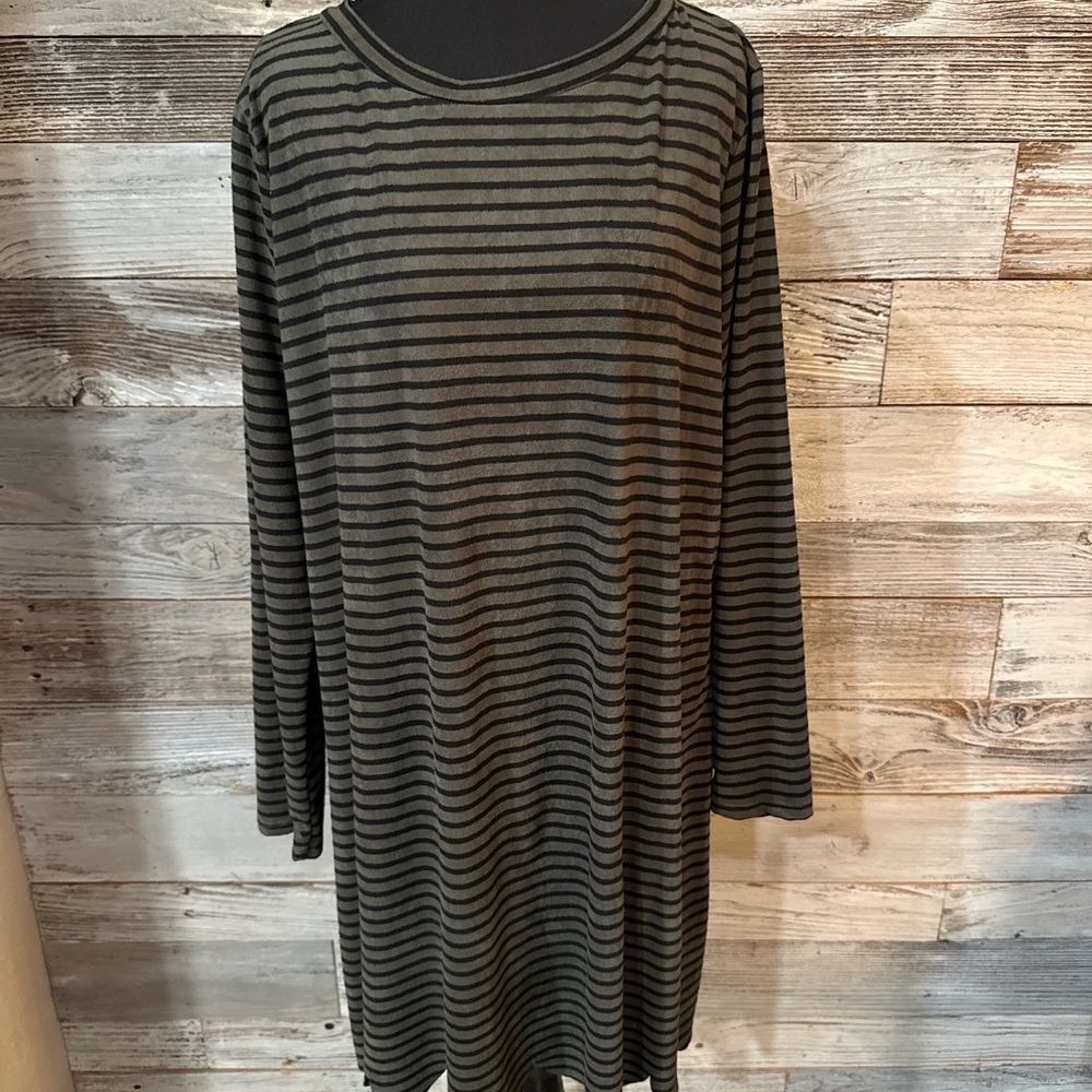 Auditions Lightweight Velour Black and Olive Striped Dress with Scalloped Hem